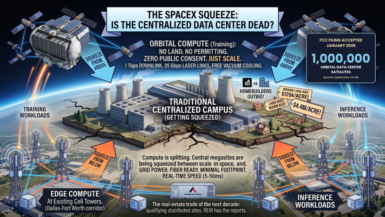 Infographic showing orbital compute squeezing hyperscale data centers from above and cell-tower edge sites from below