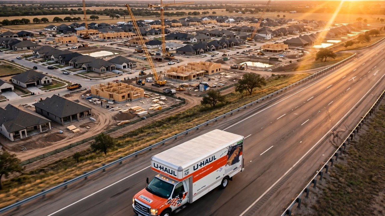 Aerial view of a U-Haul moving truck on a Texas highway beside a new exurban housing subdivision under construction at sunrise