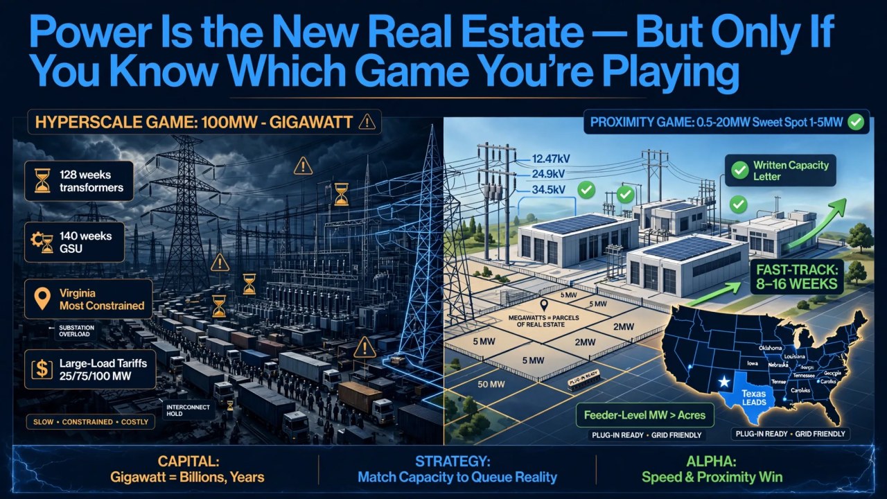 Split comparison of the hyperscale power game at 100MW to gigawatt scale against the proximity compute game at 0.5 to 20MW